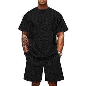 TAFLE Men's 2 Piece Set Summer Outfits Casual Geometric Texture Short Sleeve Shirt and Shorts Track Suits for Men Set (Large, Black)