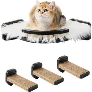 Cat Wall Shelves - 3 Steps Scratch Post & Hammock Bed with Plush Cover, Climbing Shelf for Indoor Cats (Black)