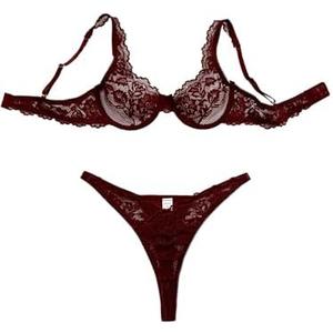 Foxiny Sexy Scallop Floral Lace Mesh Sheer Underwire Lingerie Set 2 Piece M