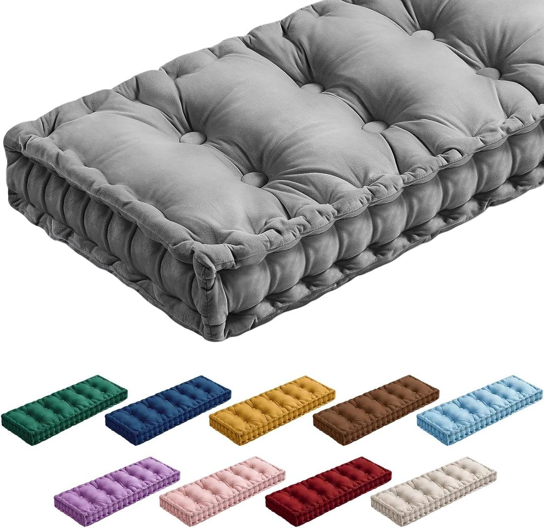 Threehoney Bench Cushions for Indoor Furniture 42x16 in Velvet Kitchen Dining Piano Window Seat Cushion, Tufted Patio Porch Swing Thicken Bench Pad Memory Foam(Gray)