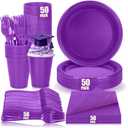 200pcs Purple Plastic Plates Party Supplies, Disposable Purple Party Plates, 50 of Each 9" Dinner Plate, Napkins, Cups & Cutlery Dinnerware Party Decorations for Graduations, Birthday, Wedding
