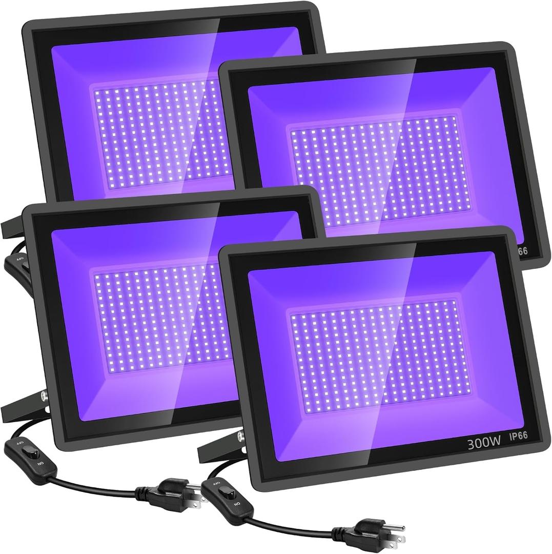 4 Pack 300W LED Black Flood Light, Outdoor with Plug and Switch, IP66 Waterproof Blacklight for Glow Party, Halloween, Fluorescent Poster, Body Paint, Aquarium