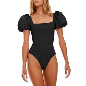 Saodimallsu Womens One Piece Swimsuit Short Puff Sleeve Square Neck Sexy Backless Tummy Control Bathing Suit Black Medium