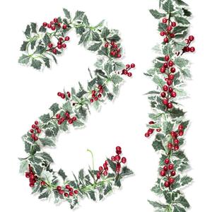 Whaline 2Pcs Christmas Artificial Garlands, 15.7Ft Xmas Berry Holly Leaves Garland Faux Greenery Garlands Winter Snowy Red Berries Hanging Vine for Wedding Party Home Decoration