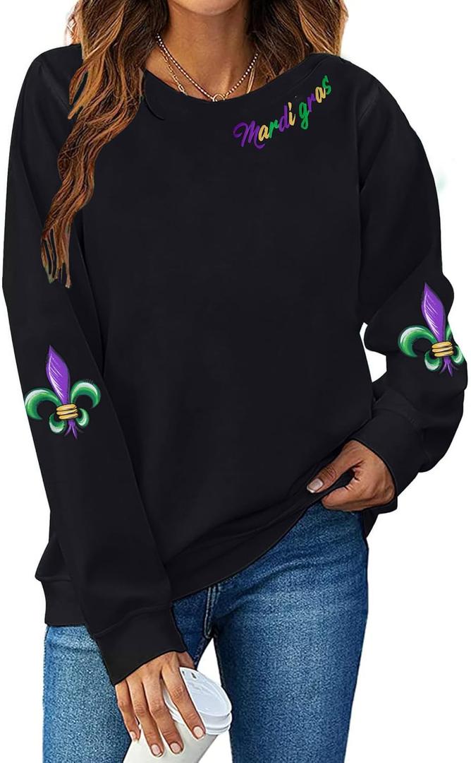 LUKYCILD Women Mardi Gras Sweatshirts Carnival Sweatshirt Funny Mask Graphic Long Sleeve Shirt Fat Tuesday Pullover Top (Black)