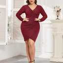 ZOMVA Plus Size 0X-4X Sparkly Glitter Ruched Bodycon Mini Dress Sparkle Sequin Wrap Ruffle Sleeve Dress Cocktail Party Formal (Red, XXXL)