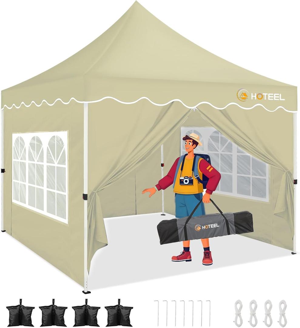 HOTEEL 1010 Pop Up Canopy with 4 Sidewalls, UV 50+ and Waterproof Canopy Tent 1010, Thickened Frame, Large Space Easy Pop Up Canopy, Outdoor Canopy for Weddings, Beaches, Parties, Patio (Khaki) (10x10FT)