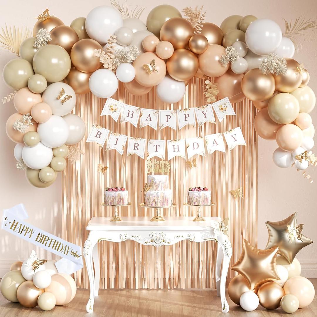 Beige Cream and Neutral Boho Birthday Party Decorations with Happy Birthday Banner, Beige Apricot Champagne Gold Balloons, Sash, Fringe Curtain, Cake Topper, Butterfly for Women Girls Party Supplies