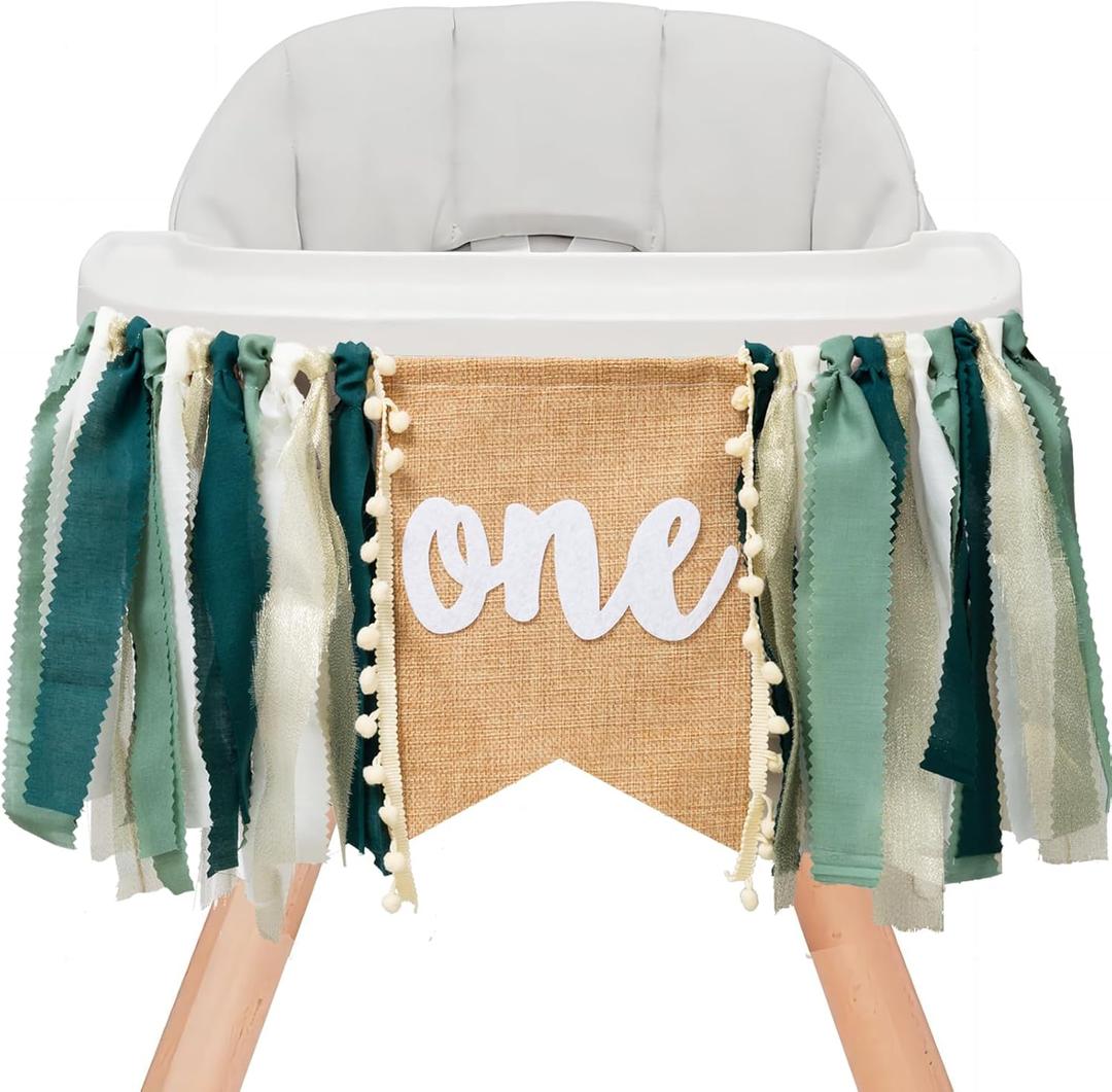 Wild Safari Jungle Highchair Banner for 1st Birthday Decorations - Dark Green Burlap Banner with Adjustable Twine, Cake Smash Photo Props, Woodland Theme Party Decor for Boys & Girls