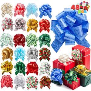 JOYIN 48 PCS Christmas Pull Bows with Ribbon 5 Wide for Gift Wrapping & Gift Tags, Boxing Day Decorations, Holiday Dcor Present Wrapping