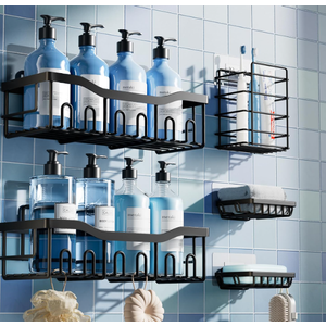 Pack Rustproof Stainless Steel Shower Caddy Set– No Drill Adhesive Bathroom Organizer, Space-Saving Shower Shelves for Apartment Essentials, Bathroom/Kitchen Storage Home Decor, Black