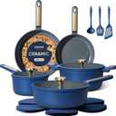 CAROTE Ceramic Cookwar Set, Pots and Pan Set Non Stick 16 Piece, Cookware Set Kitchen Cooking Set Non Toxic, PFAS PTFE Free, Blue