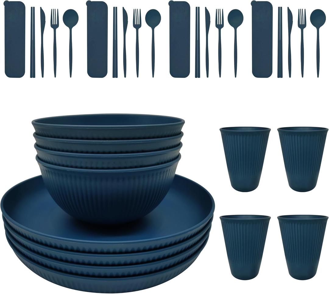 Wheat Straw Plastic Dinnerware set 32 piece Unbreakable plates and bowls sets for 4 Dishwasher Microwave Safe Dinnerware sets (Blue 32PCS)