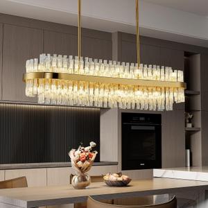 Siljoy 47'' Gold Rectangular Crystal Chandelier for Dining Room, Luxury 2-Tiers Raindrop Chandelier Dimmable Oval Crystal Ceiling Light for Living Room Kitchen Island G9 x 28
