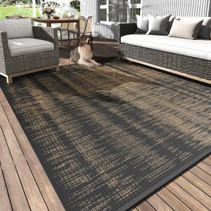 MontVoo Outdoor Rug Waterproof 5x8 ft Outdoor Carpet Patio Rug Mat Reversible RV Camping Rug Plastic Straw Outside Rug for Balcony Porch Deck Picnic Beach Modern Black Brown