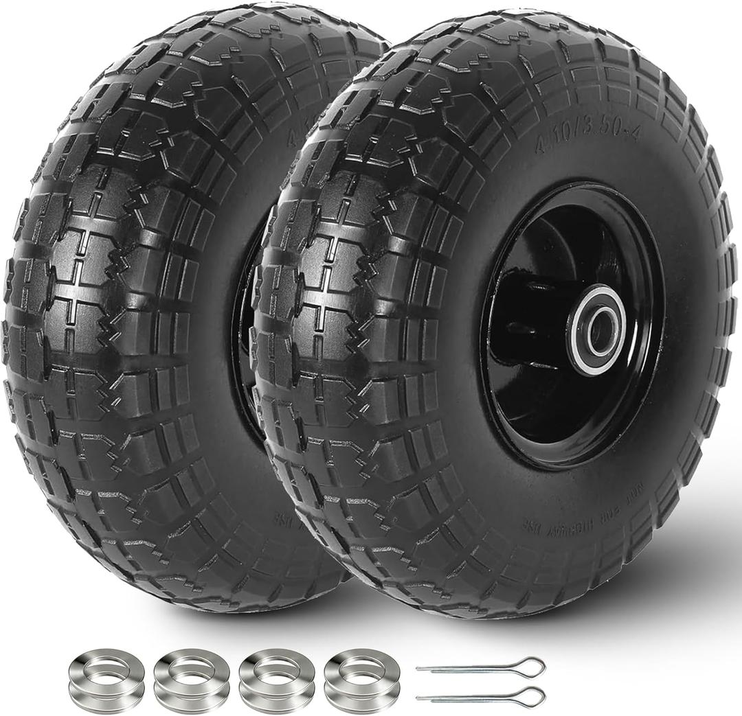 AR-PRO (2 Pack) 4.10/3.50-4 Flat Free Tire and Wheel, 10-Inches Solid Tires for Wheelbarrow, Dolly, Hand Truck, Wagon, Garden Cart, Generator Wheels Replacement - 5/8" Bearings, 2.2" Offset Hub (Black)