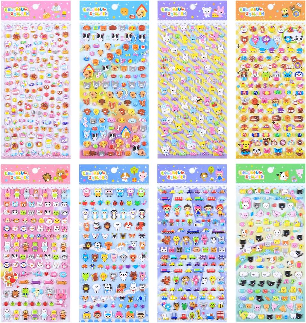 SHANGRLA 870 PCS Cute Mini Puffy Stickers for Kids Girls 3D Small Tiny Kawaii Stickers Including Animals Cat Rabbit Dog Puppy Kitten Bunny Food Donuts Hearts for Adults Phone Case Laptop,8 Sheets