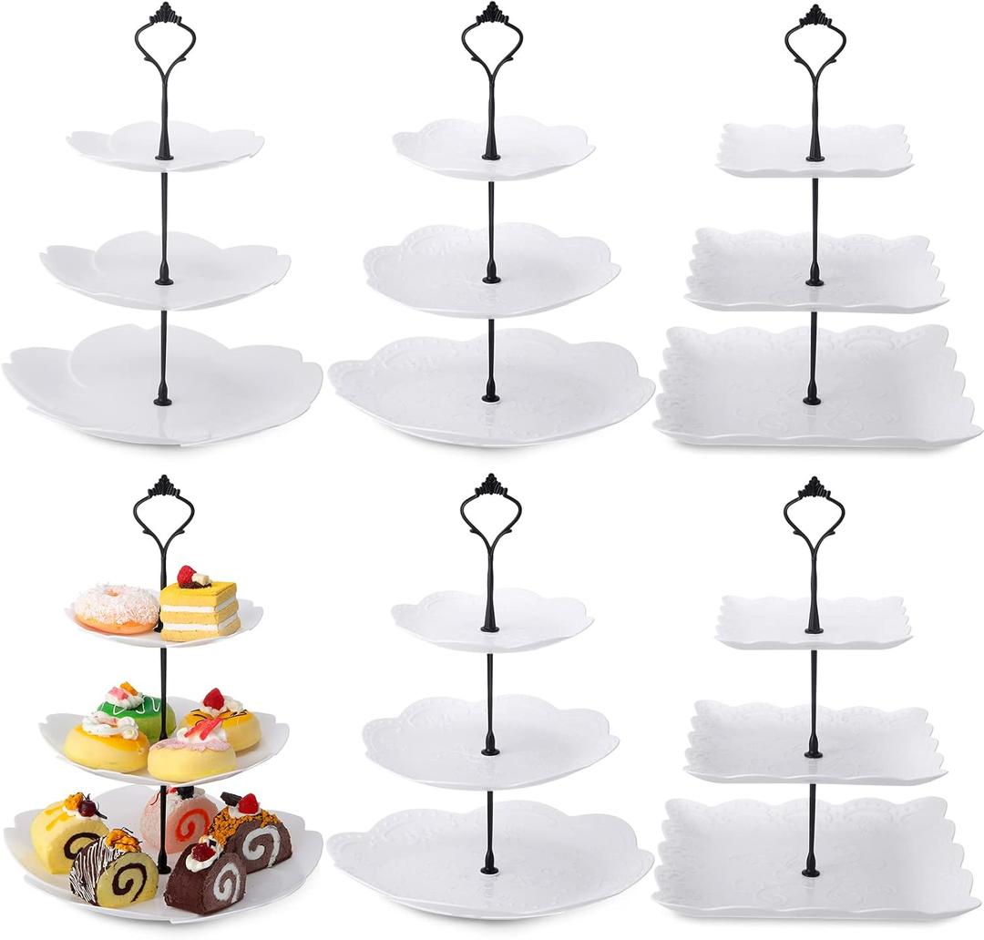 Sawysine 6 Pack 3 Tiered Serving Tray, Serving Tower 3 Tier Cupcake Stand Dessert Stand Bulk, White Thick Plastic Cupcake Tray Cookie Display for Tea Party Baby Shower Wedding Birthday Home(Black)