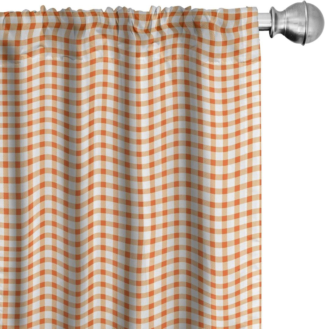 Ambesonne Orange and White Window Curtains Pack of 2, Retro Gingham Style Checkered Squares Pattern in Warm Colors Plaid, Lightweight Set with Rod Pocket, 4 Panels of - 28" x 84", White Orange