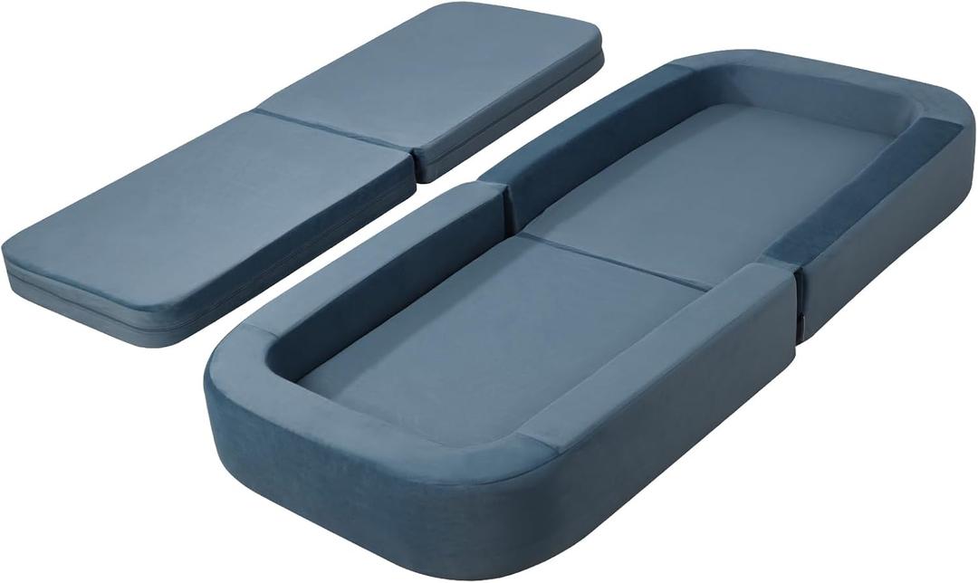 Toddler Travel Bed,3-in-1 Convertible Sofa Bed for Kids Floor Bed,Travel Bed for Kids,High-Density Foam and Washable Cover,Comfy Toddler Cot for Boys &Girls Playing and Rest (Blue)