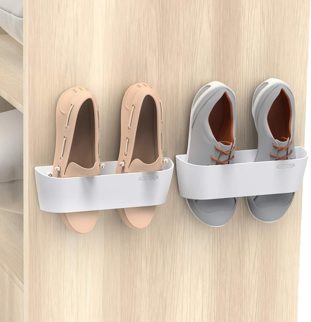 Wall Mounted Shoes Rack 2Pack with Sticky Hanging Strips, Plastic Shoes Holder Storage Organizer,Door Shoe Hangers (SM03-White-2)