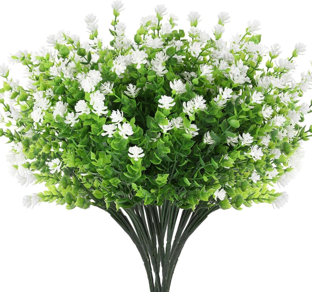 12 Bundles Artificial Flowers for Outdoors, No Fade Fake Plastic Flowers, UV Resistant Faux Plants for Outside Porch Planter, Spring Summer Home Garden Decoration, White