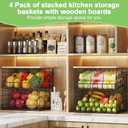 4 Pack Stackable Wire Baskets for Pantry Organizers and Storage, Pantry Baskets with Fixed Wooden Top, Fruit and Vegetable Storage Bins for Organizing Onion Potato Snack for Kitchen Cabinet/Countertop