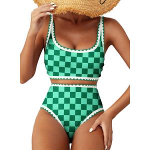 Herseas Women's Bikini Sets Floral Print Whip Stitch 2 Piece Swimsuits High Waisted Scoop Bathing Suits (Green, L)