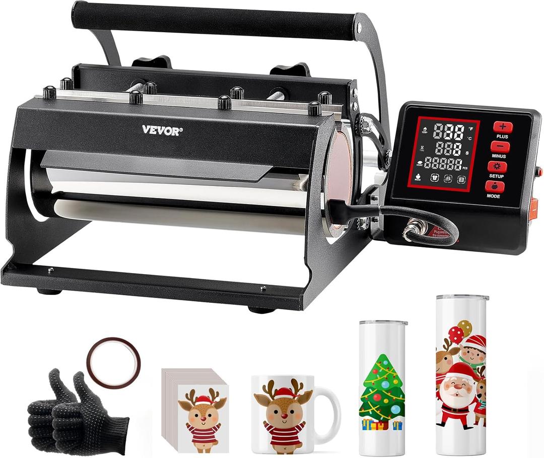 VEVOR Tumbler Heat Press Machine, 11-30oz Mug Press, Heat Up Fast and Even, Tumbler Press with Sublimation Paper, Tape and Gloves, Temp and Time Setting, for Sublimation Tumblers, Cups, Mugs, Black