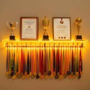 Omhuzsyo Light up Acrylic Medal Hanger Display Rack and Trophy Shelf,Wall Mount Medal Holder,for Gymnastics,Running,Basketball, Football, and More.Race Medal Display-Large Size 45.2