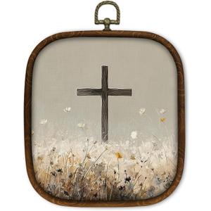 WULQYING Christian Crosses Religious Wall Art Decor, Minimalist Jesus Christian Faith Square Framed Canvas Art Prints, Field Landscape Wall Hanging Decor for Home Bedroom Church, 5.7x6.5 Inches (Color 03)