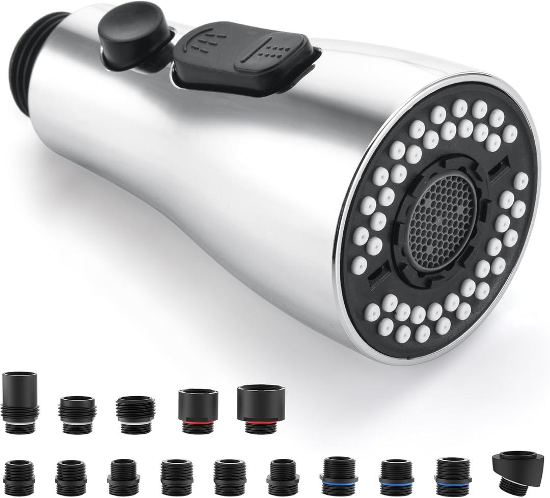 Kitchen Faucet Sprayer Head Replacement - Pull Down Faucet Spray Head with 15 Adapters, Pull Out Faucet Sprayer Nozzle, 3 Function Kitchen Tap Spray Spout Part Connector, Chrome