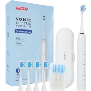 PERECT Sonic Electric Toothbrush for Adults & Kids with 6 Brush Heads, 1 Charge for 90 Days, IPX7 Waterproof, 5 Modes with 2 Minutes Smart Timer, Travel Case & Dental Soft Picks, White,Adult