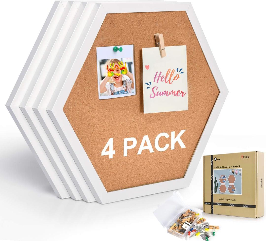 AkTop Cork Bulletin Board Hexagon 4 Pack, Small Framed Corkboard Tiles for Wall, Thick Decorative Display Boards for Home Office Decor, School Message Board with 16 Push Pin Wood Clips, White