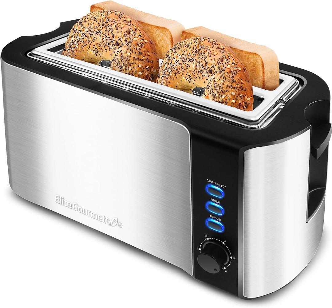 Elite Gourmet ECT-3100 4-Slice Long Slot Toaster | Extra Wide Slots for Bagels, Sourdough & Texas Toast | 6 Browning Settings | Reheat, Defrost & Cancel | Built-In Warming Rack | Stainless Steel