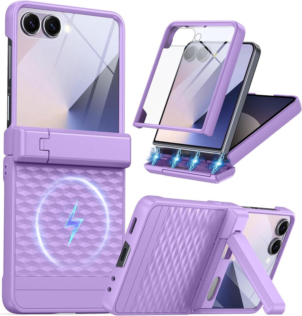 Magnetic for Samsung Galaxy Z Flip 7 Case [Hinge ProtectionKickstand][Compatible with MagSafe][Built-in Screen Protector] Full-Body Military Protection Phone Case for Samsung Z Flip 7 Purple