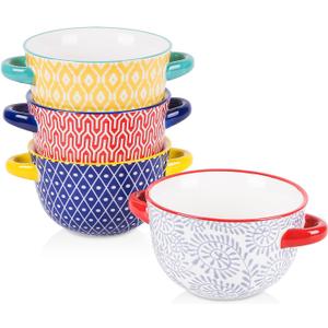 Selamica Ceramic Soup Bowls with Handles, French Onion Soup Crocks 20 OZ, Oven Safe Soup Bowls for French Onion, Chili, Beef Stew, Cereal, Pot Pies, Set of 4, Assorted Colors