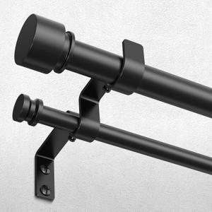Double Curtain Rod, Black Long Dual Curatin Rod for Windows 84 to 120 Inches, 1" Adjustable Heavy Duty Window Treatment Rods with Modern End Cap Finial, Decorative Spliced Metal Drapery Rods
