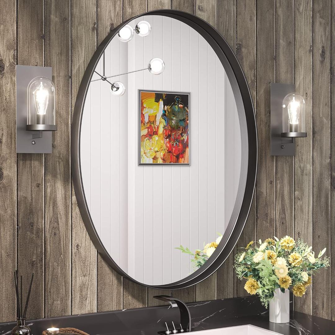 TETOTE Black Oval Bathroom Mirror, 24 x 36 Matte Black Framed Wall Mounted Mirror for Vanity, Modern Decorative Shatterproof Oval Wall Mirrors for Entryway, Living Room, Bedroom