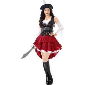 Funna Pirate Costume Women Adult Outfit 5 Piece with Hat Pirate Skirt Belt (X-Large (16-18), Black)