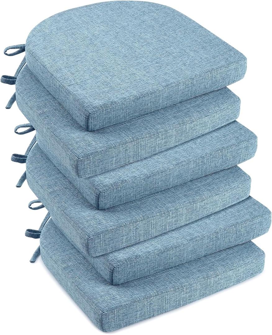 downluxe Indoor Chair Cushions for Dining Chairs, Soft and Comfortable Textured Foam Kitchen Chair Pads with Ties and Non-Slip Backing, 16" x 16" x 2", Light Blue, 6 Pack