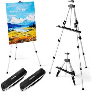 Nicpro Art Easel for Painting with Bag, Aluminum Metal Tripod Easel Stand for Sign, 2 Pack Silver Artist Easels Adjustable Height from17 to 66" for Table-Top/Floor Painting, Display, Poster, Canvas Nicpro Art Easel for Painting with Bag, Aluminum Metal Tripod Easel Stand for Sign, 2 Pack Silver Artist Easels Adjustable Height from17 to 66" for Table-Top/Floor Painting, Display, Poster, Canvas