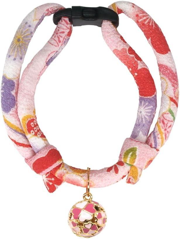 PetSoKoo Four-Leaf Clover Cat Collar with Bell Breakaway Buckle. Japanese Chirimen,Cute Kitten Collar for Girl Boy Cat (Standard (6-13 inch,16-32cm), Pink)