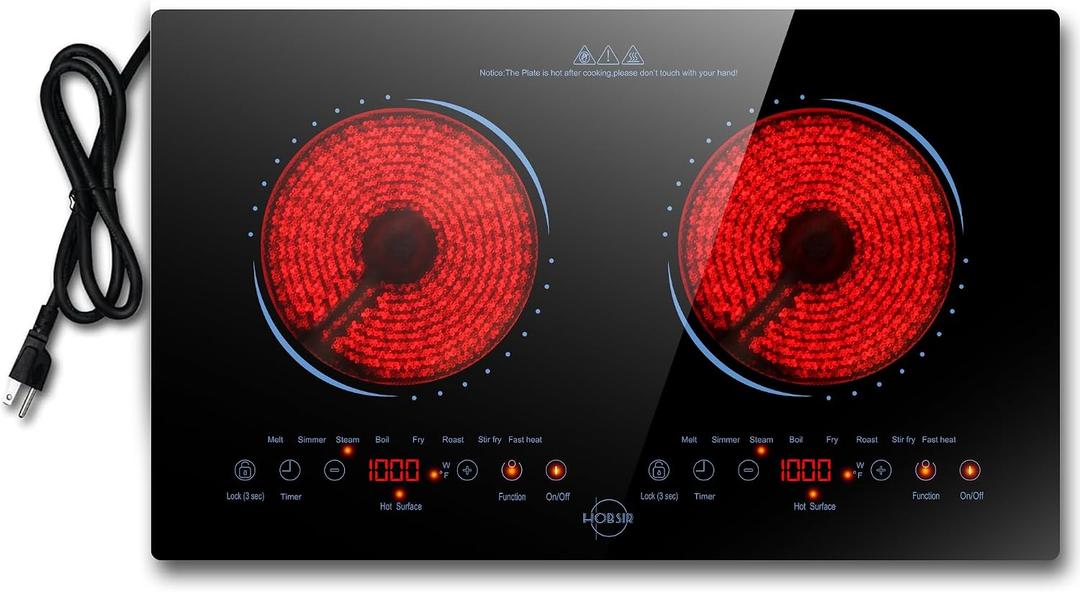 Hobsir 2 Burner Electric Cooktop 110V with Plug, Total 2000W Shared Power, 24 Inch PF602SGB-BU