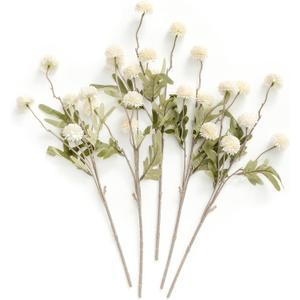 Ling's moment Pompon Mum Artificial Flower, 5pcs Faux Silk Mini Chrysanth with Stems, Bulk Fake Wedding Filler Flowers for DIY Bouquet Centerpieces Arrangements Shower Decorations, White