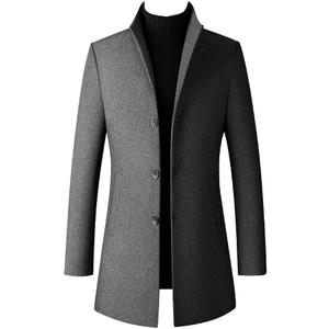 Lu's Chic Men's Slim Fit Wool Jackets & Coats Quilted Single Breasted Top Coat Business Casual Band Collar Trench Coats