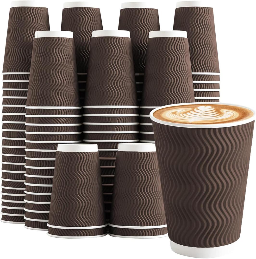 Clawsoff 100 Pack 12 oz Coffee Cups Disposable, 100 Count Insulated Paper Coffee Cups, Corrugated Ripple Wall Design Paper Cup, Hot Cold Drinking Cup for Party, Picnic, Travel, Business, Home (Brown)