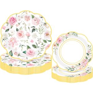 Mumufy 100 Pack Pink Floral Paper Plates 9 & 7 Disposable Wildflower Dessert Plates Floral Party Decoration Dinner Tableware for Wedding Birthday Baby Shower Bridal Garden Tea Party Supplies