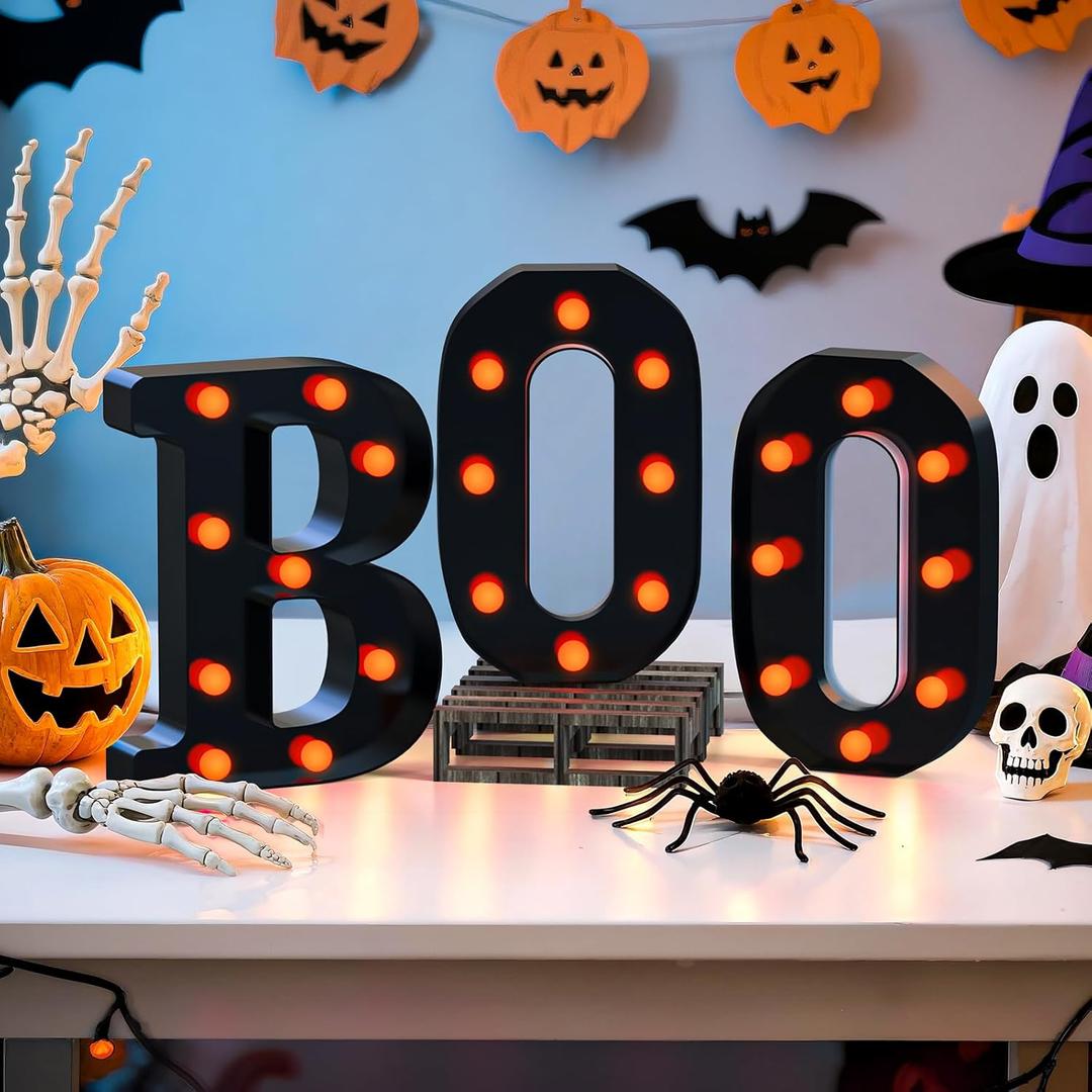 Halloween Decor, 3 LED Light Up Marquee Letters Boo Sign, Cute Fall Halloween Decorations For Party, Tabletop, Mantel, Kitchen, Bathroom, Bedroom, Desk, Window, Porch, Office, Wall, Fireplace, Home, Indoor, Outdoor