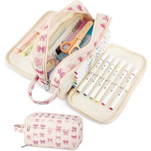 Cute Corduroy Pencil Case with Handle, Extra Large 4 Compartment Multiple Pockets Aesthetic Pencil Pouch Organizer for Teen Girls, School & College Supplies (Bow)